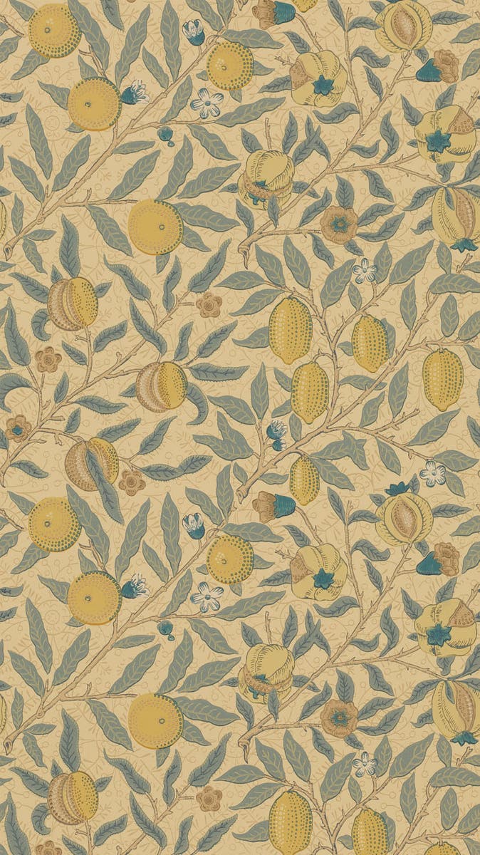 Morris & Co - Fruit Blue Gold & Brown Morris and Friends Wallpa