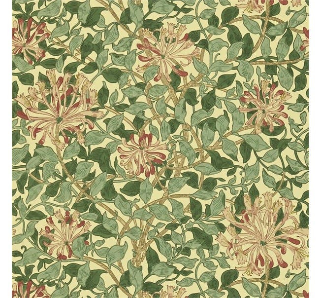 Morris & Co - Honeysuckle Green/Coral/P Morris and Friends Wallpa